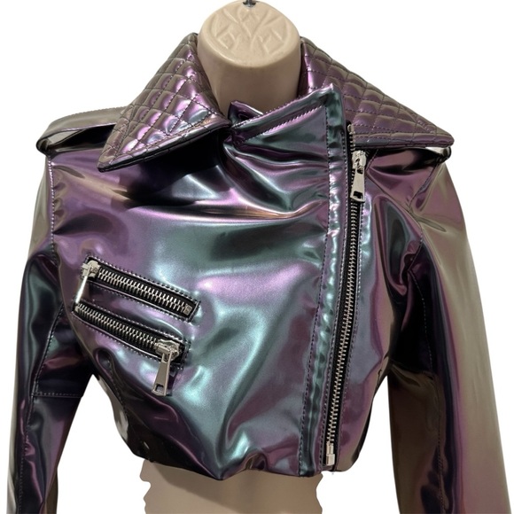 LaQuan Smith Metallic Cyberpunk Cropped Moto Jacket Sz XS Iridescent Holographic - Picture 7 of 16